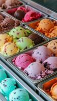Assorted colorful ice cream flavors in scoops photo
