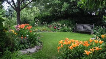 Serene Garden Oasis with Vibrant Flowers and a Relaxing Bench photo