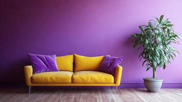 Vibrant Purple and Yellow Living Room Design with a Touch of Greenery photo