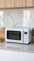 Modern Kitchen with White Microwave and Marble Countertop photo