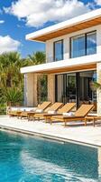 Contemporary luxury home featuring a pool and sunbeds photo