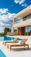 Stylish modern villa with pool and loungers photo