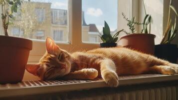 Ginger Cat Sleeping on Windowsill, Sunny Day photo