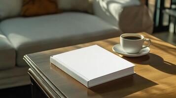 Simple Morning Routine with Coffee and Book on Wooden Table photo