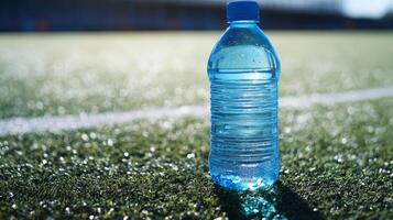 Hydration on the Field A refreshing water bottle on the grass photo