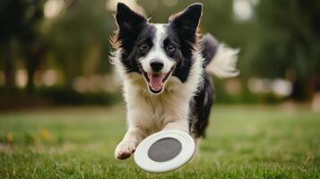 Happy Border Collie Fetching a Frisbee in a Park photo