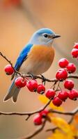Stunning Blue Bird on Autumn Berries photo