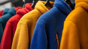 Colorful Fleece Jackets on Display - A Fashionable Retail Collection photo