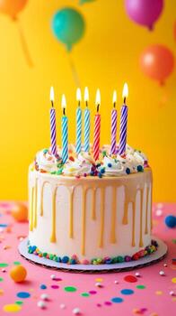 un vibrante cumpleaños pastel con vistoso velas y llovizna foto