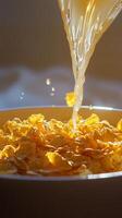 Golden Cereal with Milk Pouring - A Delicious Breakfast photo