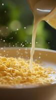 Golden Cereal with Milk Pouring - A Delicious Morning Meal photo