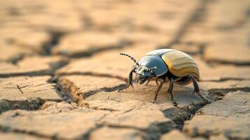 Close-up of a beetle on cracked earth. Nature's resilience in a dry environment. photo