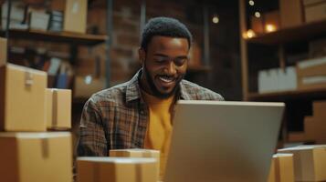Smiling Business Owner Working on Laptop with Packages photo
