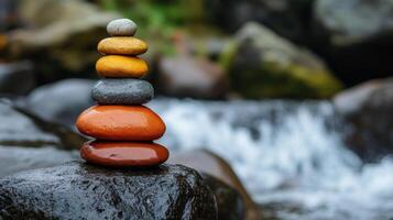 Zen-like Stacked Stones by a Waterfall photo