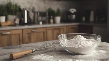 Flour and Whisk on Kitchen Counter - Baking Ingredients photo