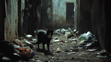 Lonely Black and White Cat in Urban Alley photo