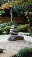 Serene Zen Garden with Stacked Stones and Sand Patterns photo