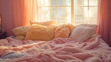 A Cozy Pink Bedroom with Warm Sunlight photo