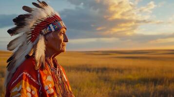 Native Elder Reflecting on the Plains at Sunset photo
