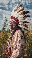 Native American Man in Traditional Headdress and Clothing photo