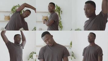 A fit African American guy engages in a series of stretching exercises in a bright, indoor space. The person focuses on different muscle groups to enhance flexibility and promote a healthy lifestyle. video