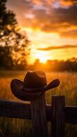 Cowboy Hat at Sunset over a Golden Field photo