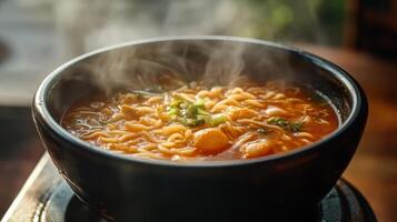 A steaming bowl of delicious hot ramen soup photo