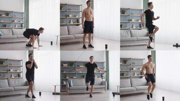 A collection of fit young man performs a range of exercises in a home setting. Activities include push-ups, squats, and high knees, emphasizing a healthy lifestyle and fitness routine. video