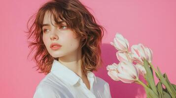 A captivating woman with tulips, a spring-like portrait photo