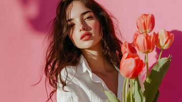 Radiant Woman with a Bouquet of Tulips photo