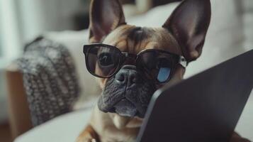 French Bulldog with Glasses on Laptop - Adorable Pet photo