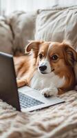 Dog Relaxing on Sofa with Laptop - Adorable Pet photo