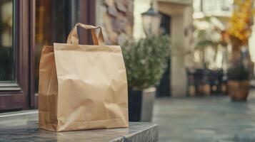 Brown Paper Bag for Delivery - Outdoor Restaurant Scene photo