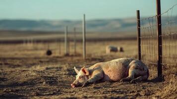 Sleepy Pig Resting in a Rural Field photo