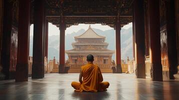 Peaceful Monk in Ancient Chinese Temple - A Spiritual Journey photo