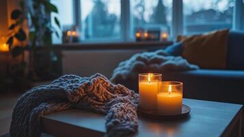 Cozy Evening at Home with Candles and Knitted Sweater photo