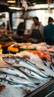 Fresh fish on ice at market stall photo