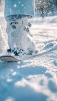 Close-up of a skier's boot on the snow, winter sports photo