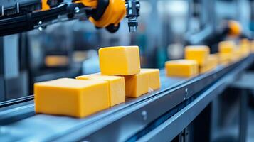 Robotic cheese manufacturing on factory line photo