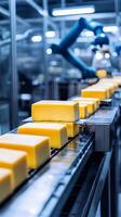 Automated Cheese Production Line Conveyor Belt with Robotic Arm photo