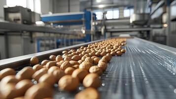 Peanuts Moving on a Conveyor Belt in a Food Processing Factory photo