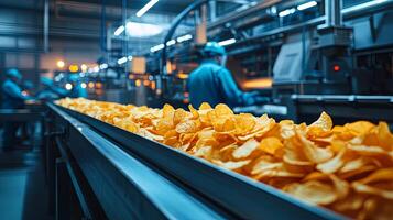 Potato chips being made in factory setting photo