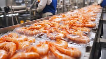 Packed shrimp on food factory line photo