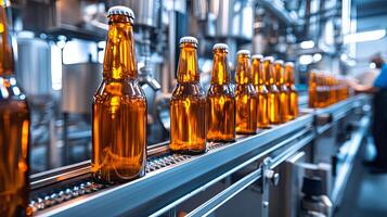 Bottling Process Conveyor Belt with Glass Bottles in a Brewery photo
