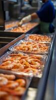 Fresh Shrimp Production Line Close Up of Seafood Packaging photo