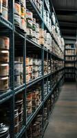 Canned Goods Storage Rows of Metal Shelves Filled with Food photo