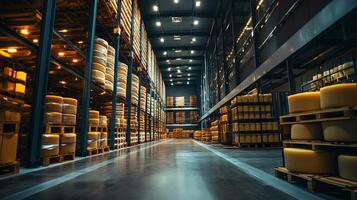Cheese Warehouse Storage Rows of Wheels in a Modern Facility photo