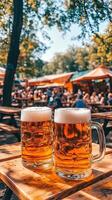 Two Pints of Beer on a Wooden Table at an Outdoor Gathering photo