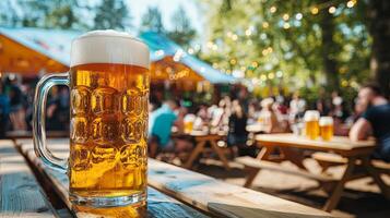 Closeup of a Beer Mug on a Table at a Summer Festival photo