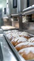 Fresh Bread Loaves Being Dusted with Flour in a Bakery Production Line photo